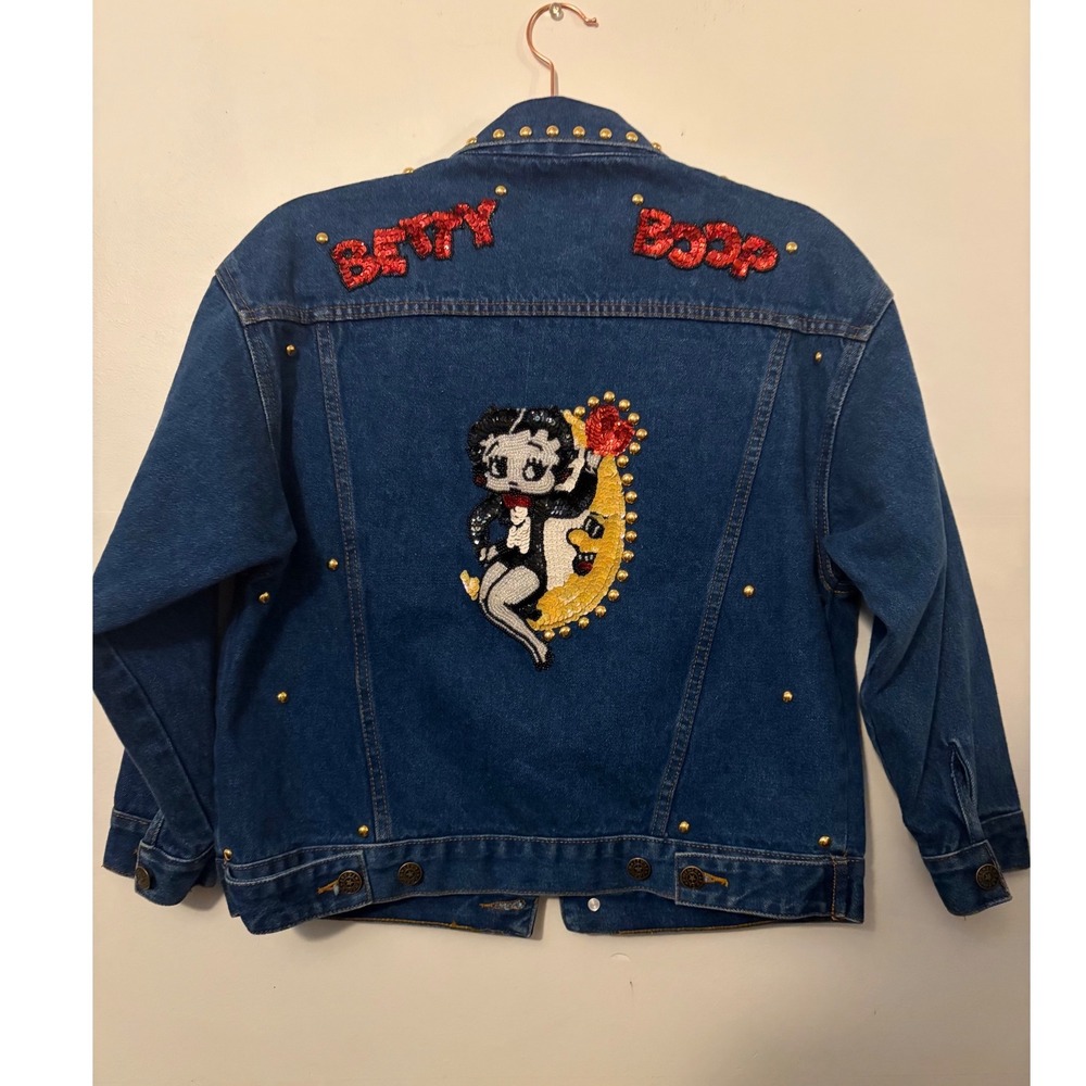 Vintage 1994 Betty Boop Planet Holly Star Studded Sequined Denim Jacket Blue 10